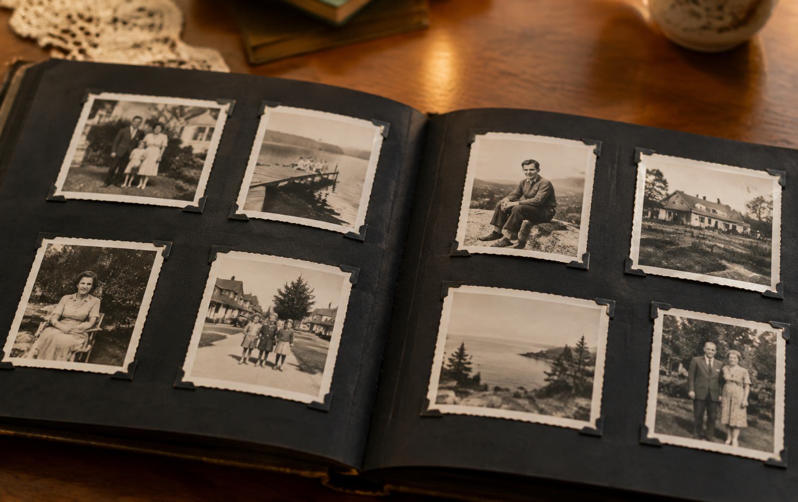An open family album of black-and-white photographs